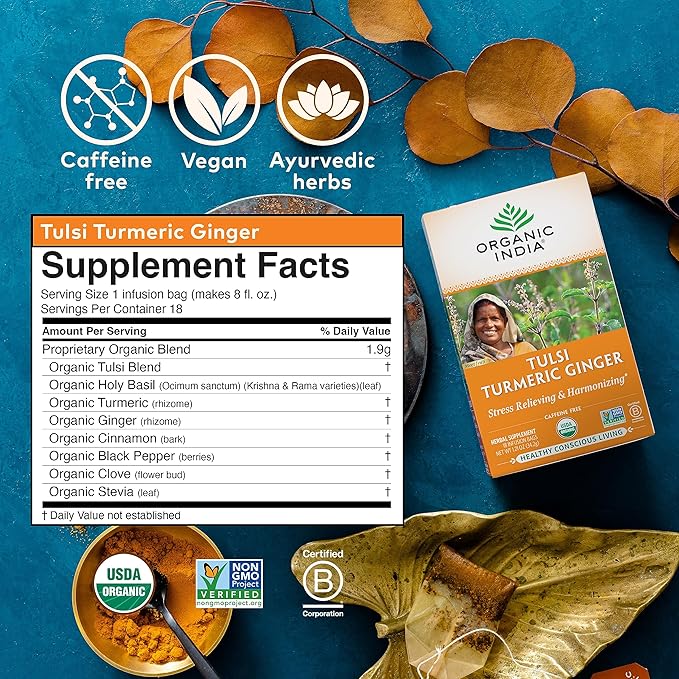 ORGANIC INDIA Tulsi Turmeric Ginger Tea Bags- Herbal Tea, Ginger Turmeric Tea, Immune Support, Aids Digestion, Caffeine-Free- 18 Infusion Bags, 1 Pack
