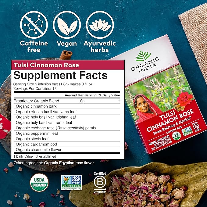 ORGANIC INDIA Tulsi Cinnamon Rose Tea Bags - Tulsi Rose Tea Bags, Cinnamon Tea Bags w/Holy Basil, Chamomile, Caffeine Free - 18 Infusion Bags, 3 Pack