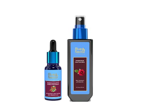 Blue Nectar Manjistha Vitamin C Face Serum for Anti Wrinkle & Skin Firming (1FlOz) with Natural Rose Face Toner for Glowing Skin & Pore Tightening(3.38Fl Oz)