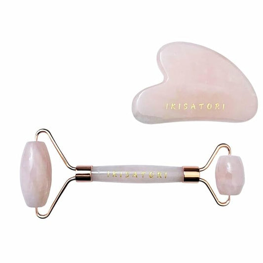 Rose Quartz Natural Stone Curved Facial Roller & Guasha Set - Jade Facial Massage and Face Sculpting Tool by Ikisatori (Rose Quartz)