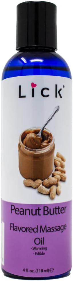 Lick Peanut Butter Flavored Massage Oil with Vitamin E, Coconut, Sweet Almond Oil for Lovemaking, Date Night, Nuru Yoni Massage Therapy, Safe & Edible 4 oz