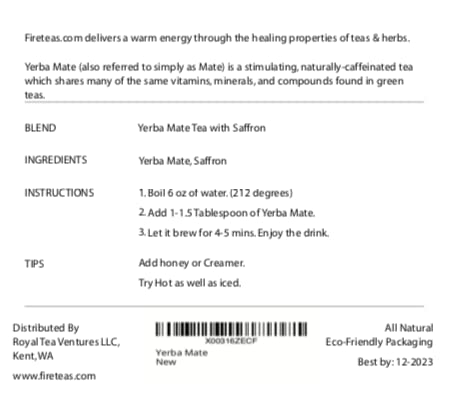 FIRE TEAS Yerba Mate Tea with Saffron threads - Loose Leaf, Caffeinated, Smooth Tasting -