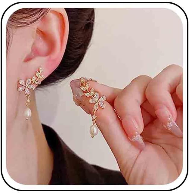 Vintage Crystal Flower Ear Climber Earrings Rhinestone Pearl Dangle Earrings Gold Cz Chain Tassel Earrings Sparkly Pearl Drop Earrings Jewelry for Women