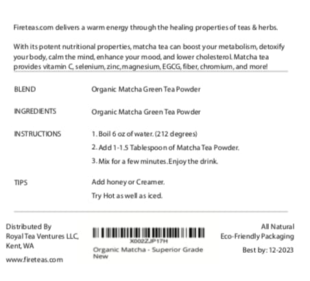 FIRE TEAS Matcha Green Tea Powder (90 Grams) - Superior Grade, Delicious, Healthy - Rich in Anti Oxidants -