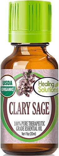 Healing Solutions Clary Sage Essential Oil, Organic, 1oz (30ml), Undiluted, Pure, Therapeutic Grade, for Hair, Diffuser, Skin, & Aromatherapy