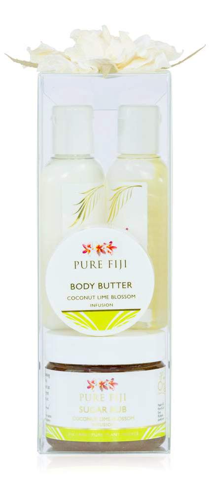 Pure Fiji Spa Gifts for Women and Man - Body Gift Box Include: Sugar Scrub , Bath and Body Oil, Body Butter and Body Lotion, Scent Coconut Lime Blossom