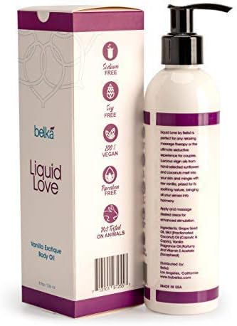 Liquid Love Vanilla Exotique Body Oil for Relaxing Massage Therapy and Sensual Couple's Massages - Made in The USA, 100% Vegan with Luscious Virgin Oils, Grape Seed, Coconut, Vitamin E, 8 floz