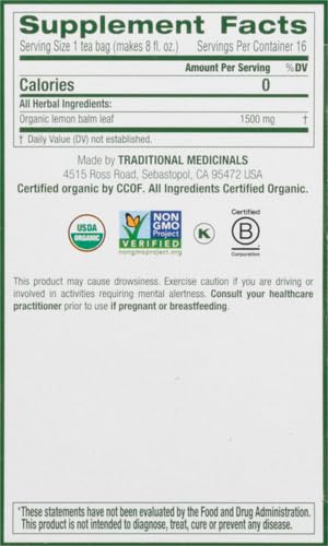 Traditional Medicinals Organic Lemon Balm Herbal Tea, Calming and Supports Digestion, (Pack of 1) - 16 Tea Bags