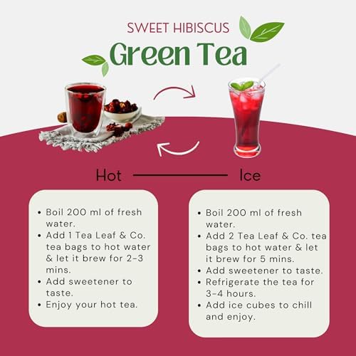 Tealeaf & Co. Sweet Hibiscus Cinnamon Green Tea with Hibiscus, Cinnamon, Stevia & Clove - Organic Green Tea Bags with Fresh Herbs and Spices (Low Caffeine) - 100 Teabags (7.055oz/200gm)