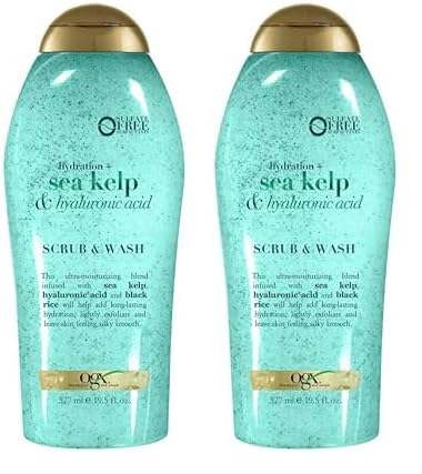 OGX Hydration + Sea Kelp & Hyaluronic Acid Sulfate-Free Lightly Moisturizing Body Scrub with Black Rice, Gentle Exfoliating Daily Body Wash to Soften & Smooth Skin, 19.5 Fl Oz (Pack of 2)