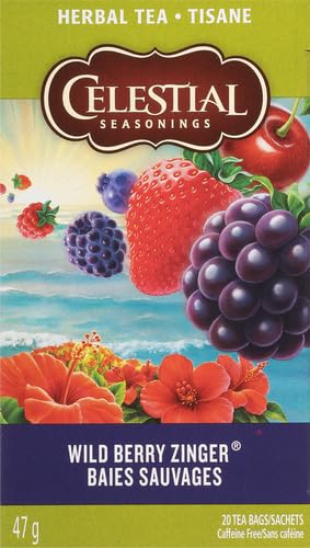 Celestial Seasonings Wild Berry Zinger Herbal Tea, Caffeine Free, 20 Tea Bags Box (Pack of 3)