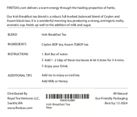 FIRE TEAS Irish Break Fast Tea - Loose Leaf Tea -