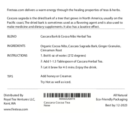 FIRE TEAS Cascara Sagrada & Cocoa Herbal Tea - Organic Cascara Sagrada Bark, Cocoa Nibs, Cinnamon, Ginger - Laxative, Cooling -