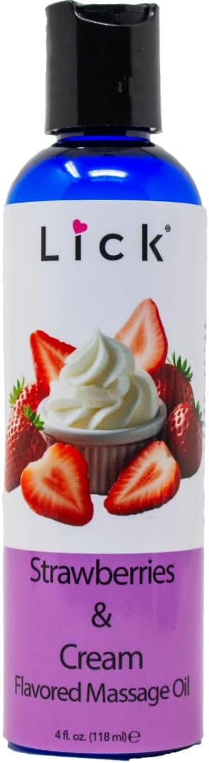 Lick Strawberries and Cream Flavored Massage Oil – Romantic, Body Safe, Non-Greasy Formula, Date Night 4 oz