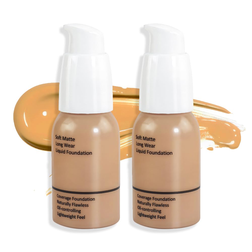 2Pcs Matte Liquid Full Coverage Foundation, Flawless Soft Matte 24HR Oil Control Full Coverage Foundation Makeup for Women, Long-Lasting Waterproof Full Coverage, 03# Buff Beige (03+03, Pack of 2)