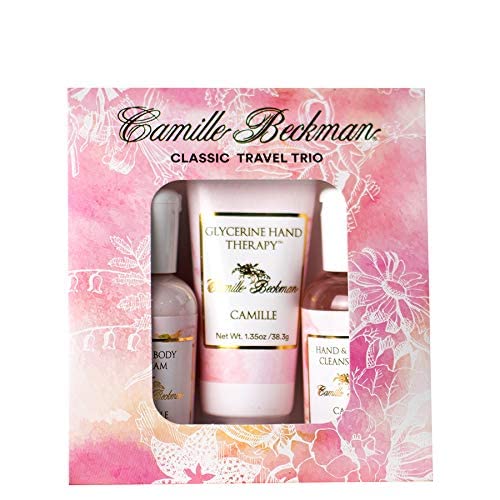 Camille Beckman Classic Collection Travel Trios, Camille, Glycerine Hand Therapy 1.35 oz, Silky Body Cream 2 oz, Hand & Shower Cleansing Gel 2 oz