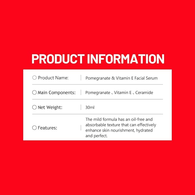 Pomegranate Vitamin E Facial Serum Anti-Aging Essence Revitalizing Face Skin Repair Refines Pores 30ml / 1.01fl.oz