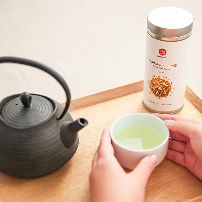 Senbird Organic Genmaicha, Caffeine-Free Japanese Mochi Rice Tea from Hokkaido Japan, Herbal Tea in Airtight Tin, 100g (3.5oz)