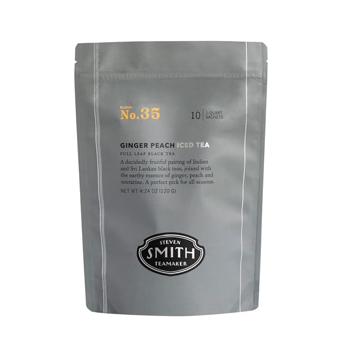 Smith Teamaker Ginger Peach Iced Tea No. 35 Refreshing, Caffeinated, Sugar-Free, Sustainably Grown, Full Leaf Black Iced Tea Bags, 10 Count, 1 Quart Sachets