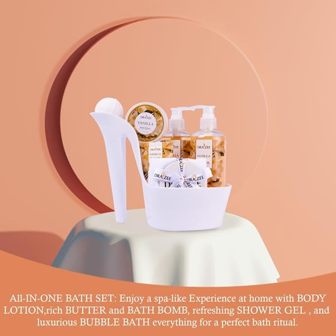 Draizee Mothers Day Gifts for Mom - Spa Gift Baskets for Women - 8 Pcs Luxury Vanilla Scented Heel Shoe Design Bath and Body Spa Set-Self Care Package for Women, Present for Mom, Body Care Set for Her