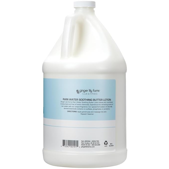 Ginger Lily Farms Club & Fitness Soothing Butter Lotion for Dry Skin, 100% Vegan & Cruelty-Free, Rain Water Scent, 1 Gallon (128 fl oz) Refill