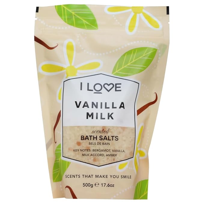 I LOVE Vanilla Milk Bath Salts - Calming Bath Soak with Amber and Vanilla Scent - Relaxing Bath Salts - Comfort and Nourish Skin - 17.6 oz