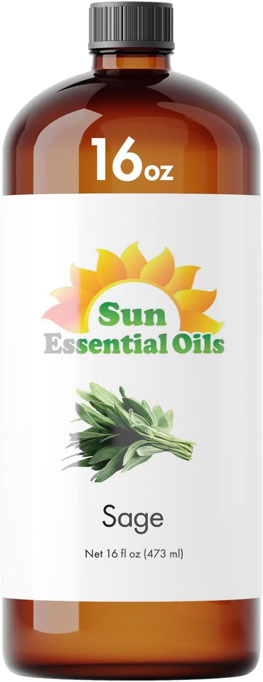 Sun Essential Oils Sage Essential Oil 16oz for Aromatherapy, Diffuser, Skin Care, Eases Pain and Massage – Pure Sage Essential Oil for Diffuser