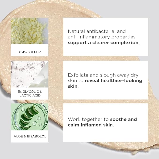 Glytone Acne Treatment Mask for Face with Sulfur & Glycolic Acid Face Mask, Acne Spot Treatment, Acne Skin Care Face Mask, 3oz