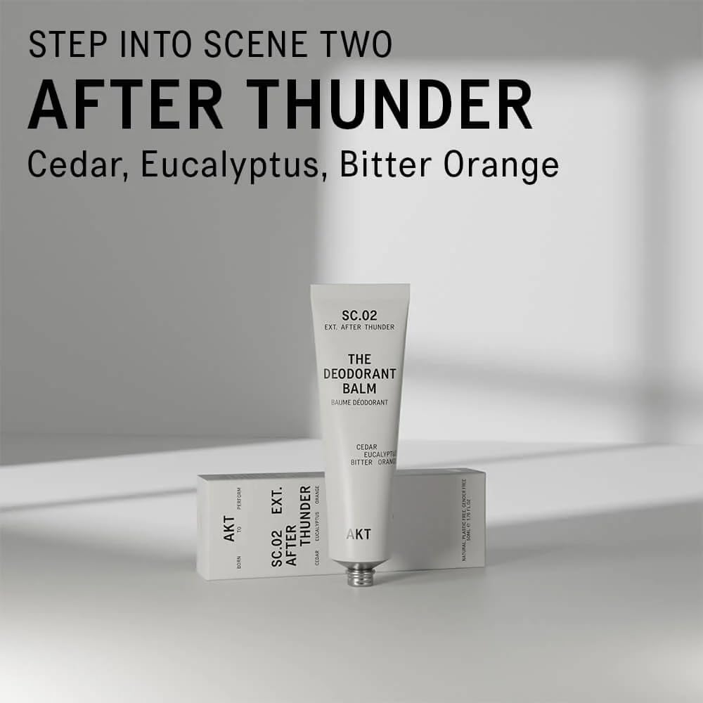 AKT, THE DEODORANT BALM. Award winning, multi-use, natural deodorant. Plastic Free. Gender Free. Aluminium Free. 100% effective — 1 tube lasts up to 3 months. SC.02 AFTER THUNDER. 50ml/1.76 FL.OZ