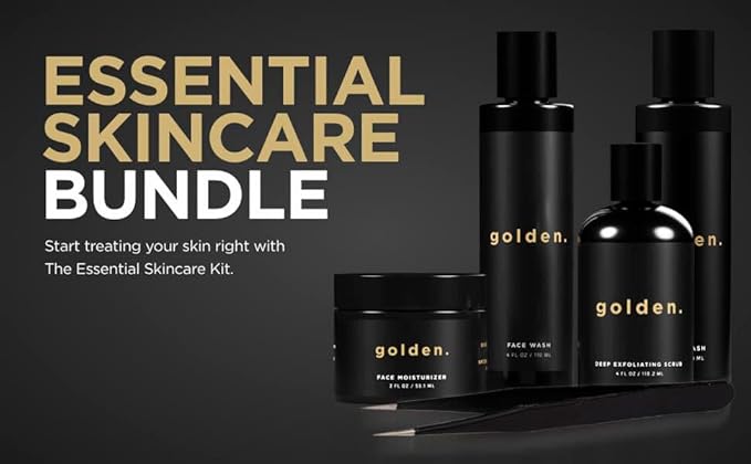 Golden Grooming Co. Essential Skincare Set for Men | Complete Face & Body Care Kit with Face Wash, Exfoliating Scrub, Body Wash, Tweezers & Lip Balms