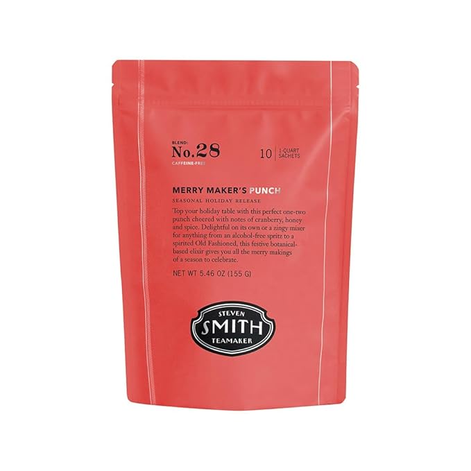 Smith Teamaker Merry Maker's Punch No. 28, Herbal Tea Blend, Drink Mixer, Caffeine-Free, Sugar-Free, Sustainably Grown, Organic Full Leaf Tea, 10 Count, 1 Quart Sachets
