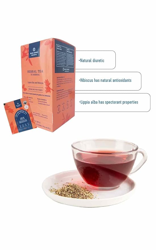 Blue Zones Nicoya - Lippia Alba & Hibiscus Flavored Tea Bags - 100% Natural, Organic, and Refreshing - High Micronutrients - Gluten, Caffeine, Sugar-Free - 4 Packs of 20