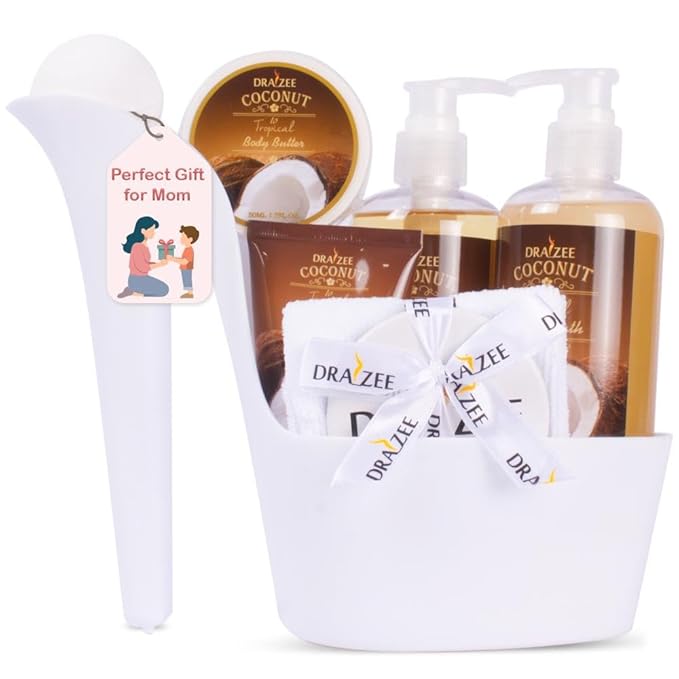 Draizee Mothers Day Gifts for Mom - Spa Gift Baskets for Women, 8 Pcs Luxury Coconut Scented Heel Shoe Design Bath and Body Spa Set-Self Care Package for Women, Presents for Mom, Body Care Set for Her