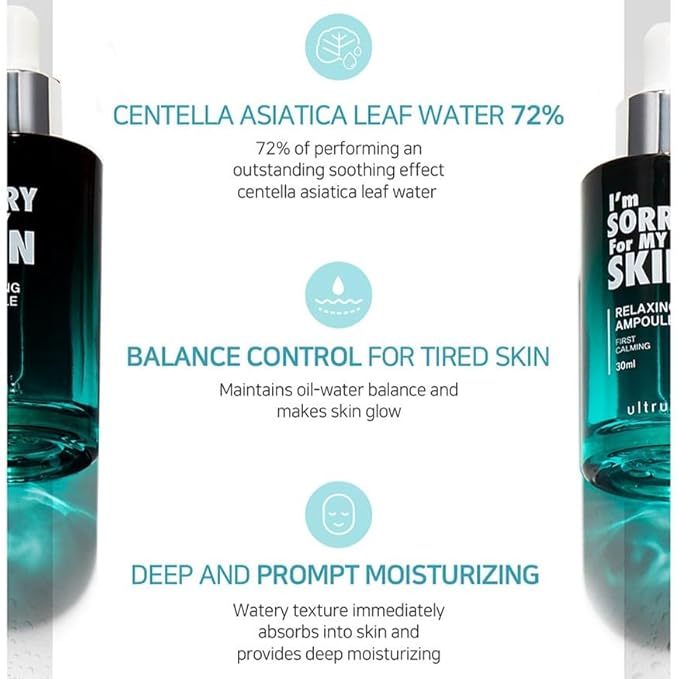 I'M SORRY FOR MY SKIN Facial Skin Ampoule, Korean Skin Care Serum for Face with Centella Asiatica and Hyaluronic Acid, Moisturizing & Glowing Effect (Relaxing Ampoule First Calming)