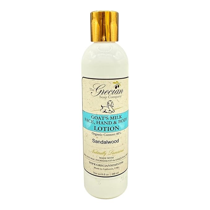 Organic Clean Beauty Goat's Milk Lotion in Sandalwood - 8 oz All Natural Goats Milk Lotion for Women and Men, Enriched with Essential Oils, Body Moisturizer for Everyday Use