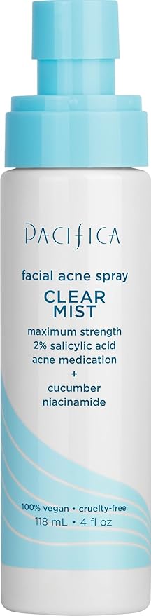 Pacifica Facial Spray for Acne Treatment - Clear Face Mist Acne Spray w/ 2% Salicylic Acid Niacinamide & Aloe - Acne Cleanser - Targets Bacteria for Teens & Adults Vegan Clean Dermatologist Tested
