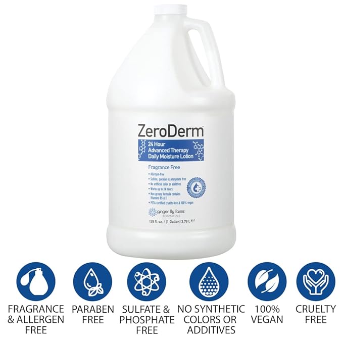 Ginger Lily Farms Botanicals ZeroDerm 24 Hour Advanced Therapy Daily Moisture Lotion, Allergen-Free, 100% Vegan & Cruelty-Free, Fragrance Free, 1 Gallon (128 fl. oz.) Refill