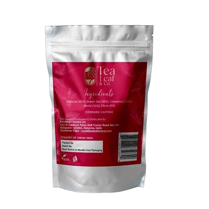 Tealeaf & Co. Sweet Hibiscus Cinnamon Green Tea with Hibiscus, Cinnamon, Stevia & Clove - Organic Green Tea Bags with Fresh Herbs and Spices (Low Caffeine) - 100 Teabags (7.055oz/200gm)