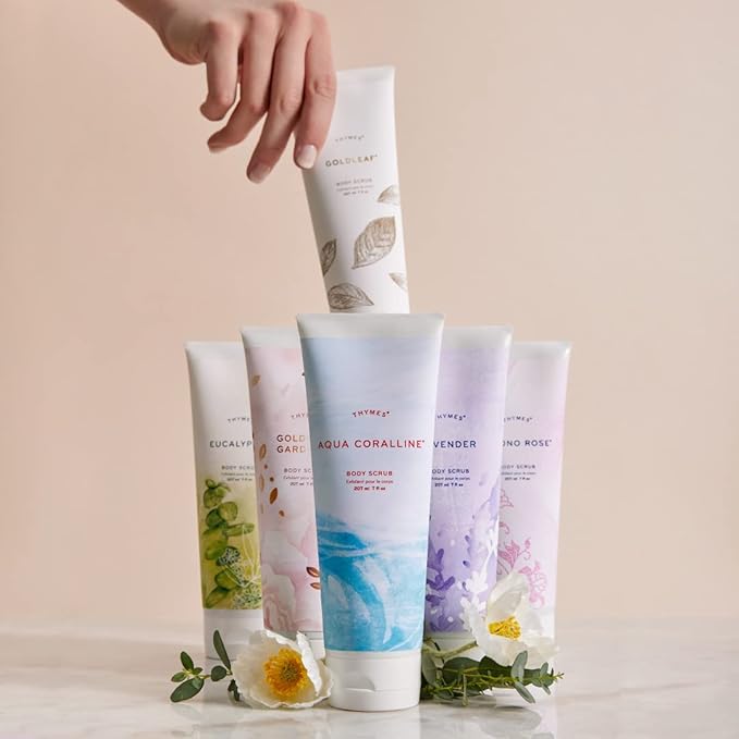 Thymes Exfoliating Body Scrub Infused with Hydration-Boosting Hyaluronate & Glycerin - Moisturizing Body Scrubs for Women & Men - Perfect Self Care Gifts for Women (Goldleaf Gardenia, 7 fl oz)