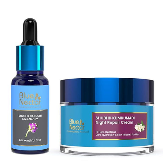 Blue Nectar Kumkumadi Night Cream & Bakuchi Anti Aging Serum for Youthful Radiance