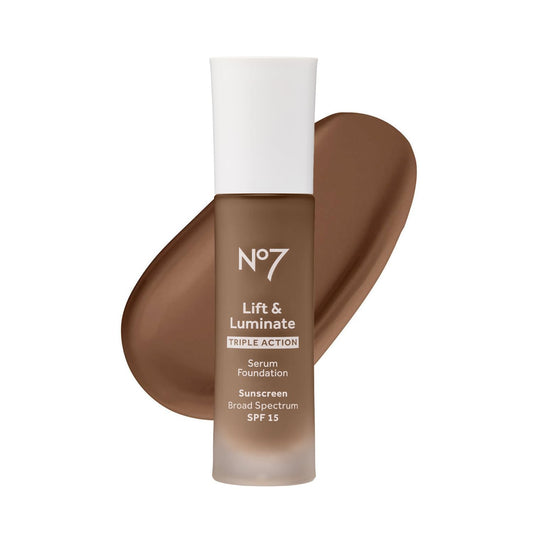 No7 Lift & Luminate Triple Action Serum Foundation - Umber - Liquid Foundation Makeup with SPF 15 for Dewy, Glowy Base - Radiant Serum Foundation for Mature Skin (30ml)