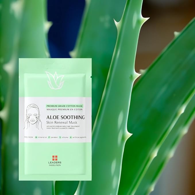 Leaders Insolution Aloe Soothing Skin Renewal Mask | Organic Aloe Leaf & Cactus Extract Hydrating Facial Treatment for Sensitive, Dry, Acne-Prone Skin | UV Repair & Hydration Boost (10 Sheets)
