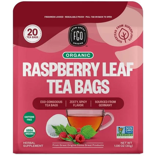 FGO Organic Red Raspberry Leaf Tea, 20 Count, Eco-Conscious Tea Bags, Resealable Bag, Packaging May Vary (Pack of 1)