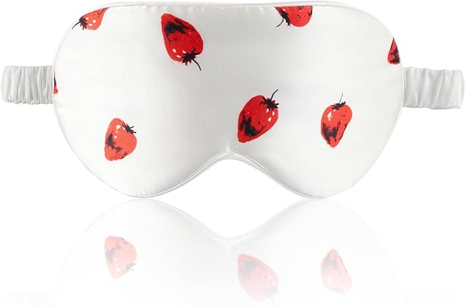 THXSILK Sleep Mask 100% 19 Momme Pure Mulberry Silk Super Smooth Cooling Decorative Sleep Eye Mask Blackout Eye Cover with Wide Head Strap, Strawberry-White