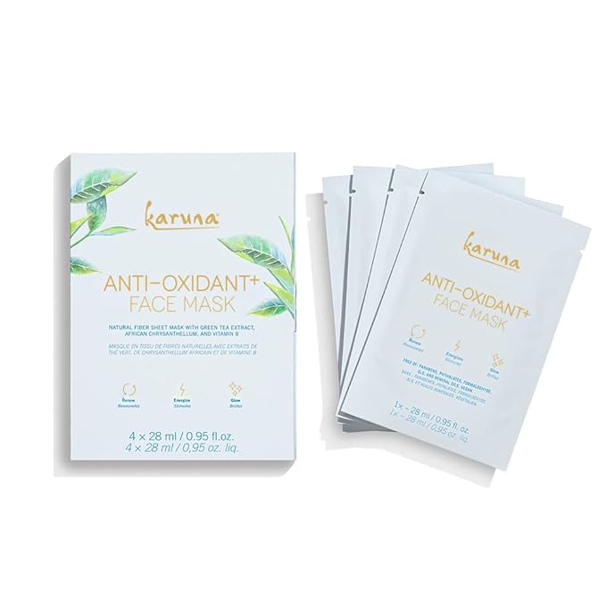 Karuna Skin - Antioxidant+ Face Masks for Dry, Mature Skin, Rejuvenating & Nourishing Face Masks Skincare Essential, Facial Mask w Green Tea Extract, Chinese Licorice & African Chrysanthellum, 4 Pack