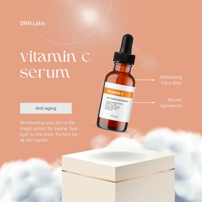 Vitamin C Serum with Vitamin E and Hyaluronic Acid with 20% L-Ascorbic Acid - Great for Hydration, Anti-Aging, Brightening and Reducing Appearnace of Wrinkles by DRN Labs. 1 Fl Oz