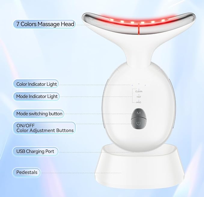 Face and Neck Massager, 7 Colors Face Sculpting Tool，Face Lift Device for Skin Care，at-Home Face Tool with Vibration and Thermal (White)