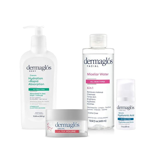 Skincare Facial And Body Set | Micellar Water 13,52 floz + Hyaluronic Acid Serum With Provitamin B5 1 floz + Ultra Volume Night Cream 1,76 oz + Body Cream Hydration for 24 hours 10,58 oz