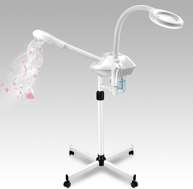Professional 2 in 1 Facial Steamer for Ozone Humidifier Atomizer Attach 5× Magnifier and Light, Face Steamer Clean Skin Firming Pores and Moisturizing Suitable for a Beauty, Spa, at Home