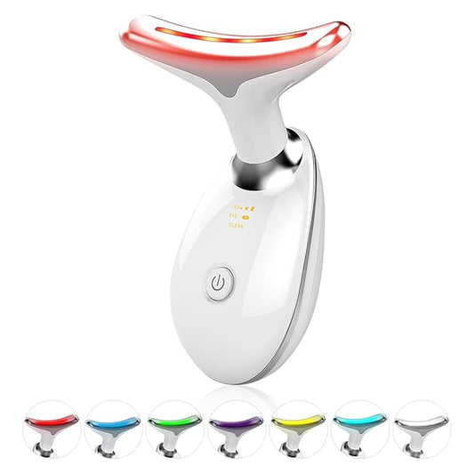 Face Light Therapy Device, Based on Triple Action LED, Thermal, and Vibration Technologies, Face and Neck Beauty Device with 7 Color LED for Home Use, Improve Skin(Glossy White)